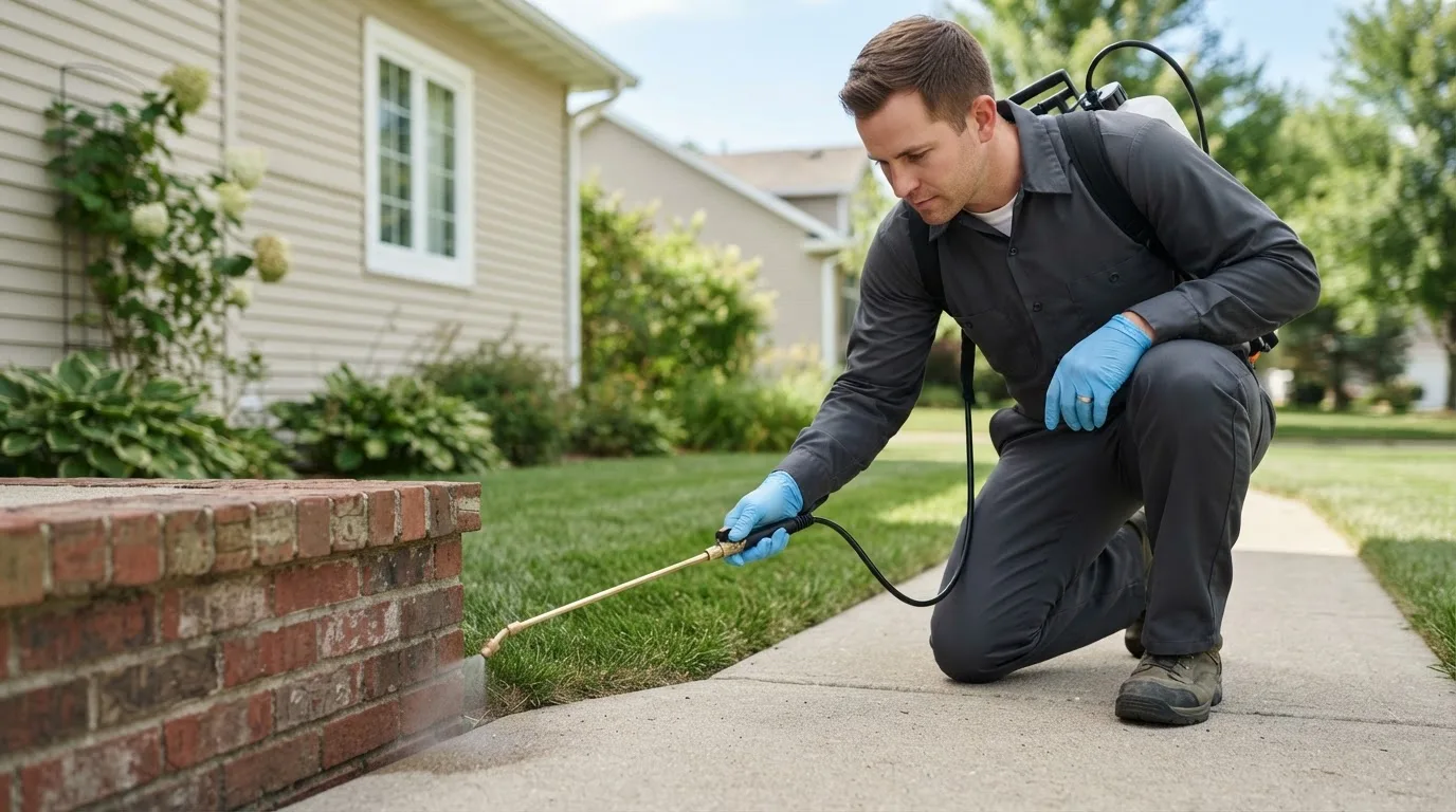 Pest control technician treating a home near Maysville, MO