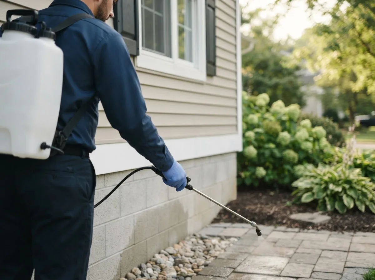 Pest control technician inspecting a home in Maysville, MO
